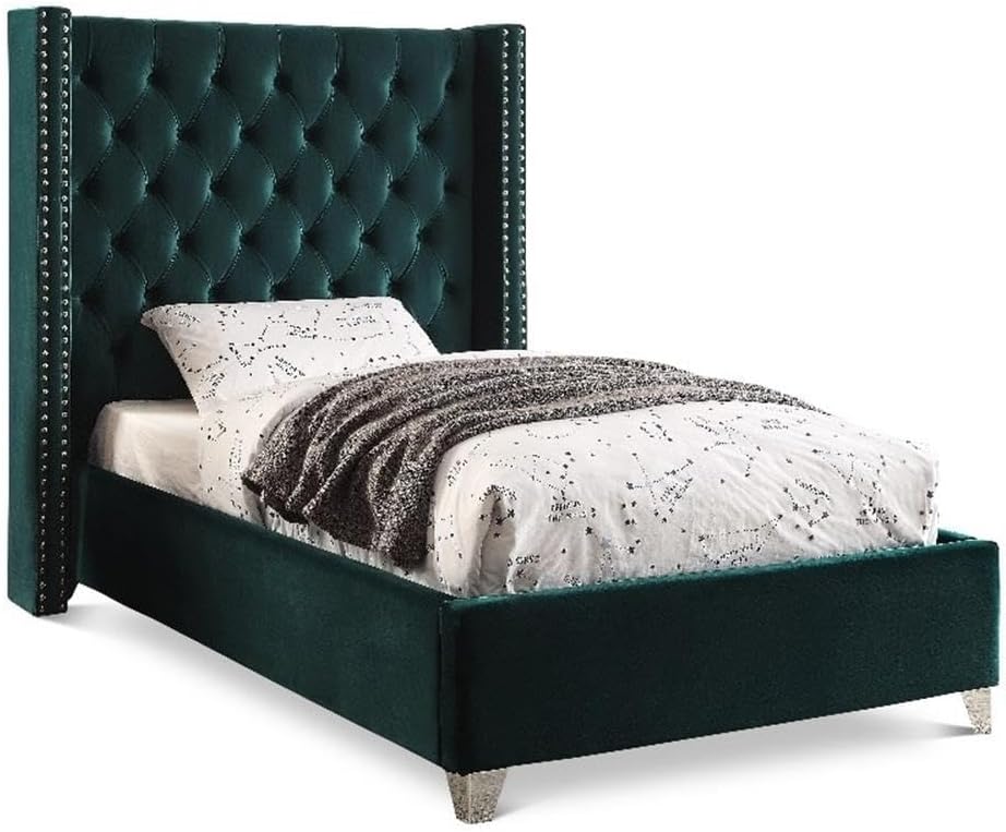 Meridian Furniture Aiden Collection Modern | Contemporary Velvet Upholstered Bed with Deep Button Tufting, Solid Wood Frame, and Custom Chrome Legs, Twin, Green