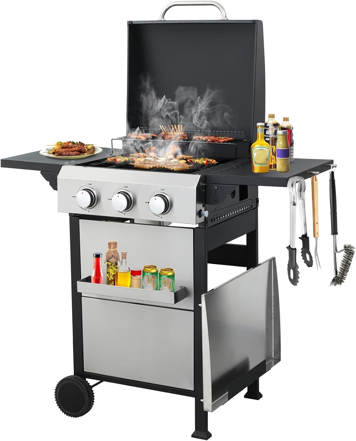 3-Burner Flat Top Propane Gas Grill Stainless Steel Griddle Combo with Foldable Side Table, 36,900 BTU Outdoor BBQ Grill, Porcelain-Enameled Cast Iron Grids, for Backyard, Patio Cooking