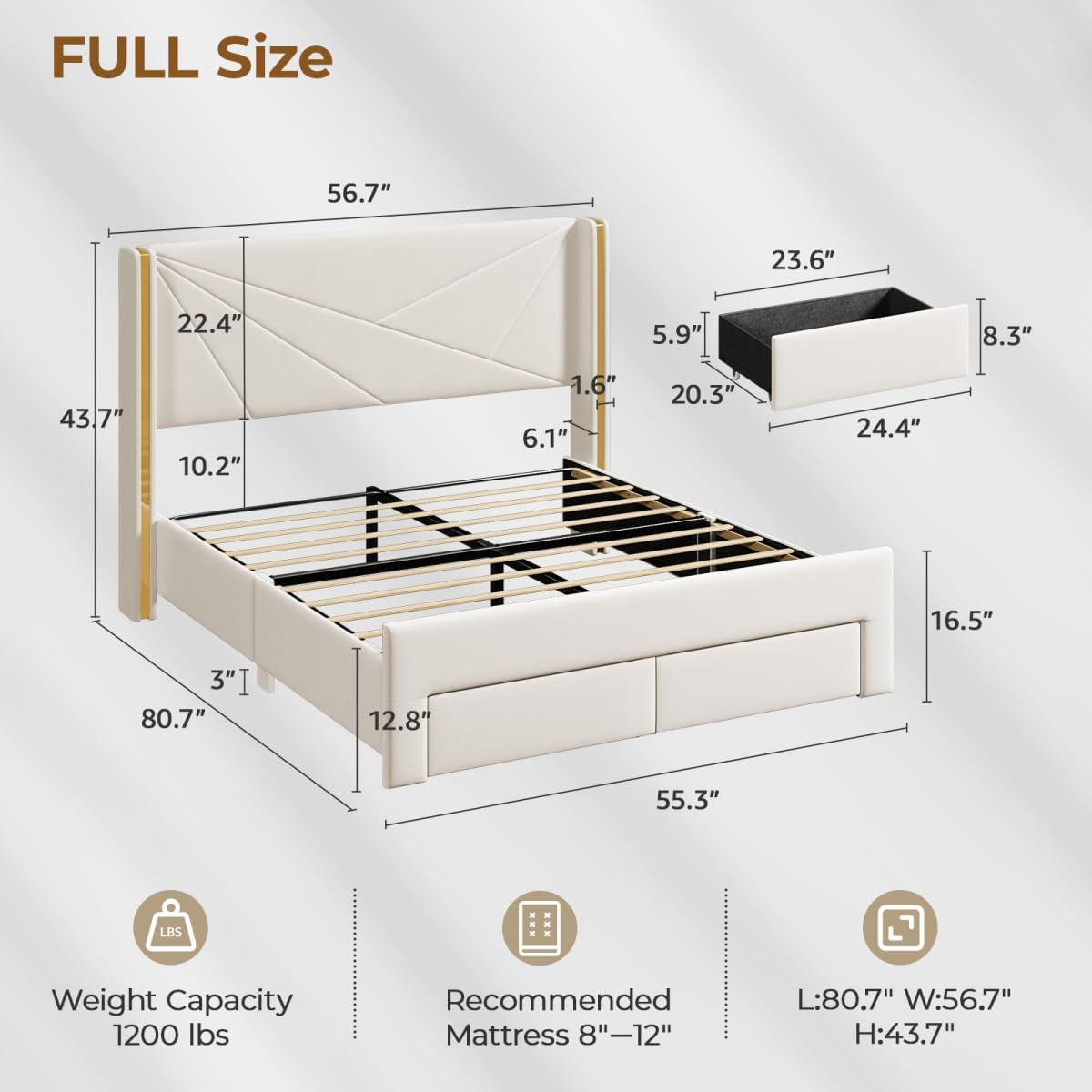 Full Size Bed Frame with Storage Drawers and Wingback Headboard, Velvet Upholstered Full Bed Frames Platform Bed with LED Lights, Wooden Slats Support, No Box Spring Needed, Noise-Free, Beige