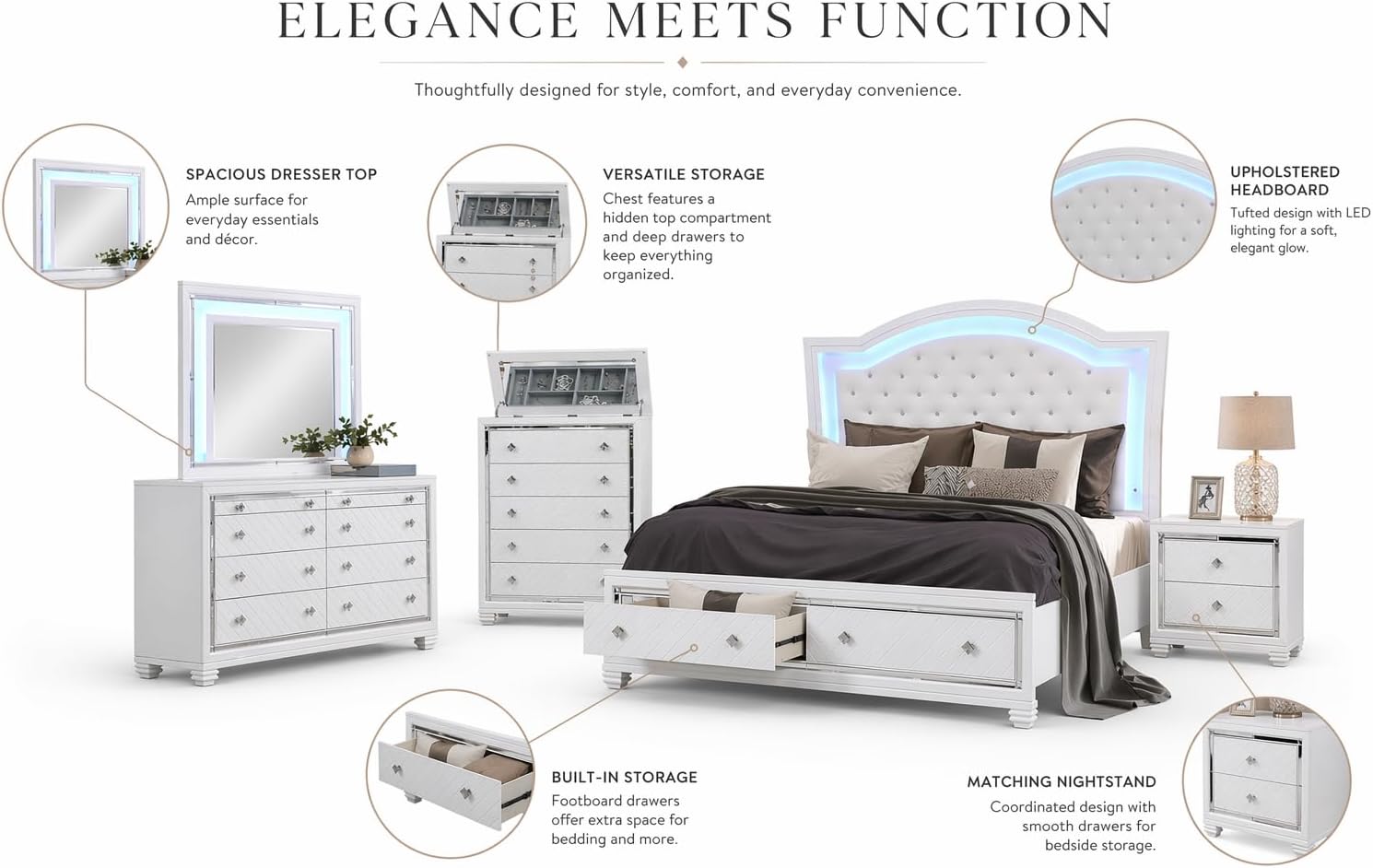First of a Kind Shiney Contemporary 5 Piece Queen Bedroom Set High Gloss White Finish with Upholstered Headboard, Sleek Modern Bedroom Furniture Set for Coordinated Interiors