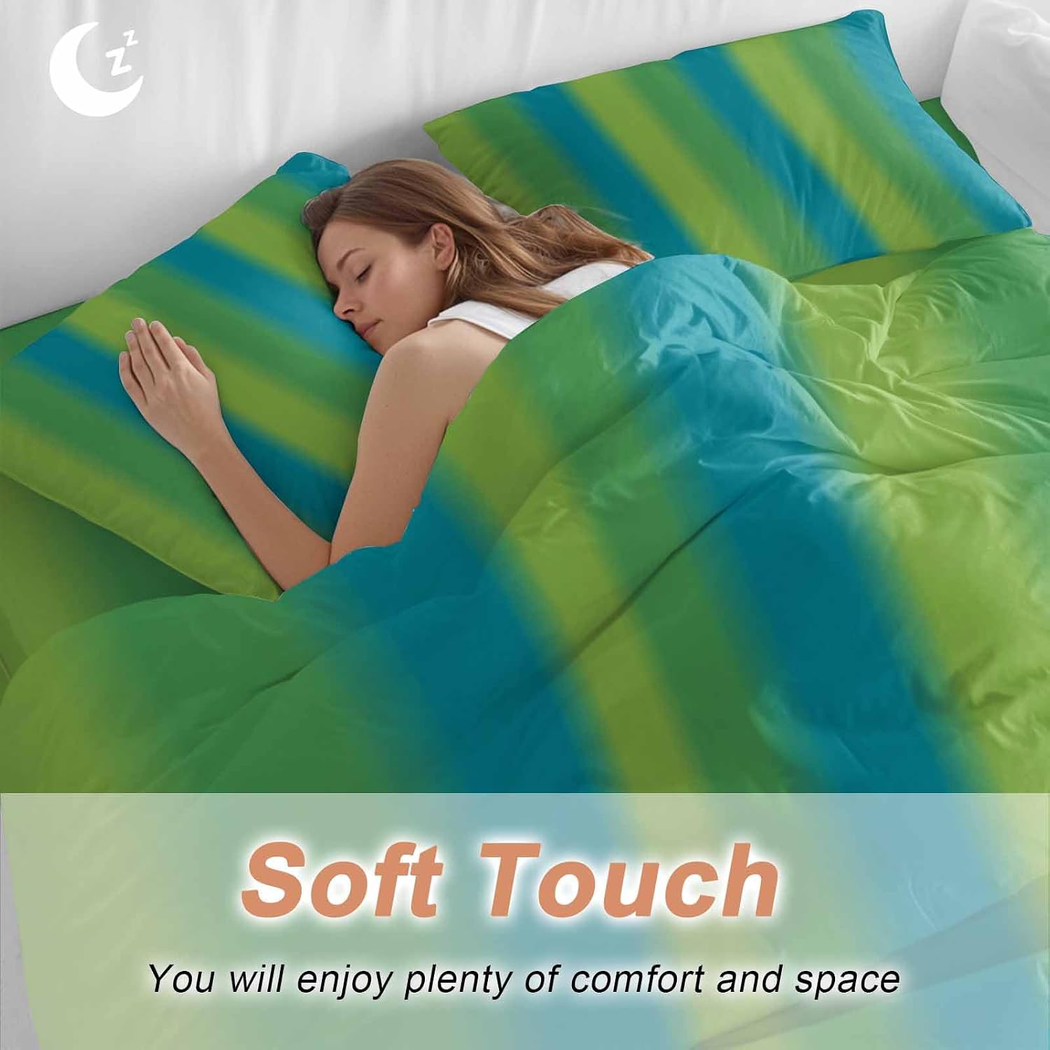Green Blue Gradient Duvet Cover Set Queen Size 4 Pieces Color Striped Ombre Modern Minimalist Art Bedding Set with Zipper Closure, 1 Comforter Cover 86x86 Inches 1 Flat Sheet & 2 Pillow Cases
