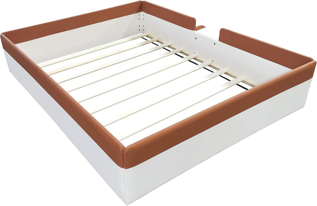 VilroCaz Full Size Upholstered Daybed Frame with Fence and Stairs, Montessori Kids Floor Bed with Sturdy Slat Support for Kids Boys Girls (Brown+Full)