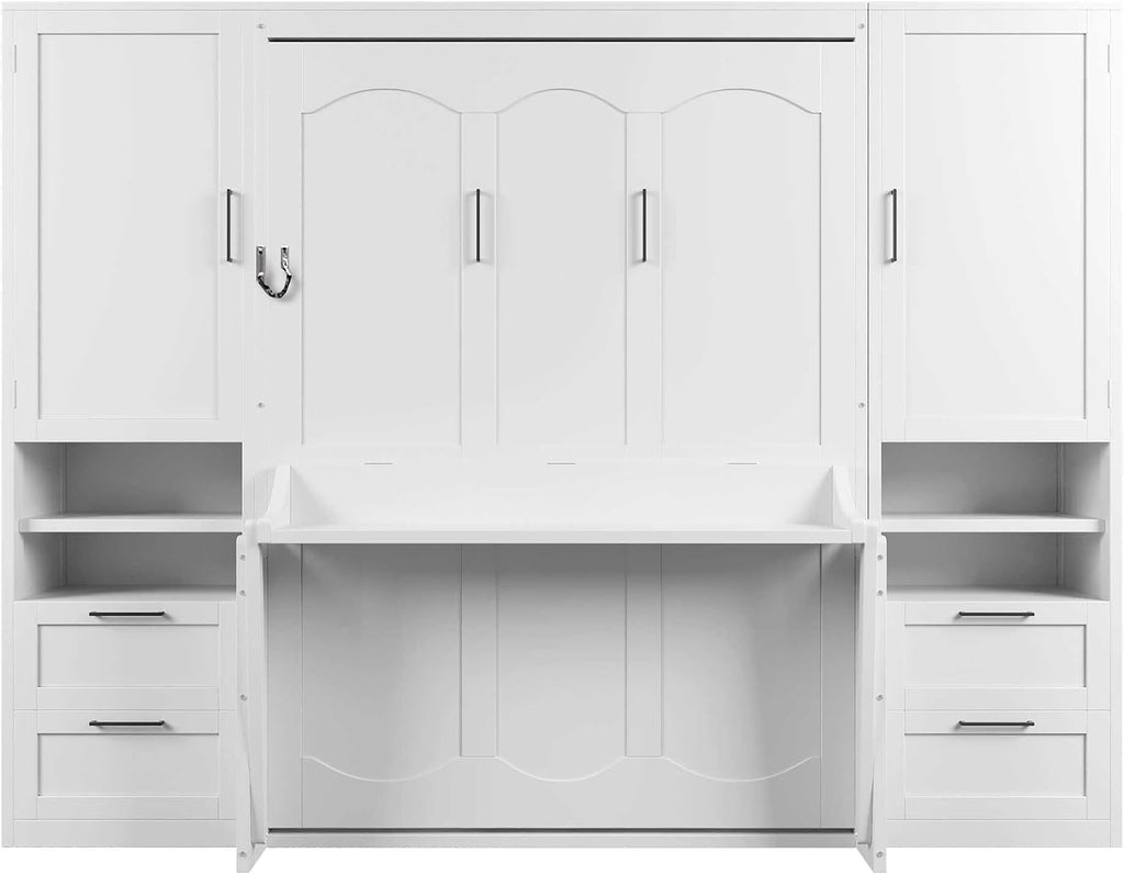 Merax Full Size Murphy Bed with Desk, Closet, Drawers and Shelves, Multifunctional Foldable Wood Platform Bed Frame for Small Spaces Studio Study Office Guest Room, Space-Saving Design, White