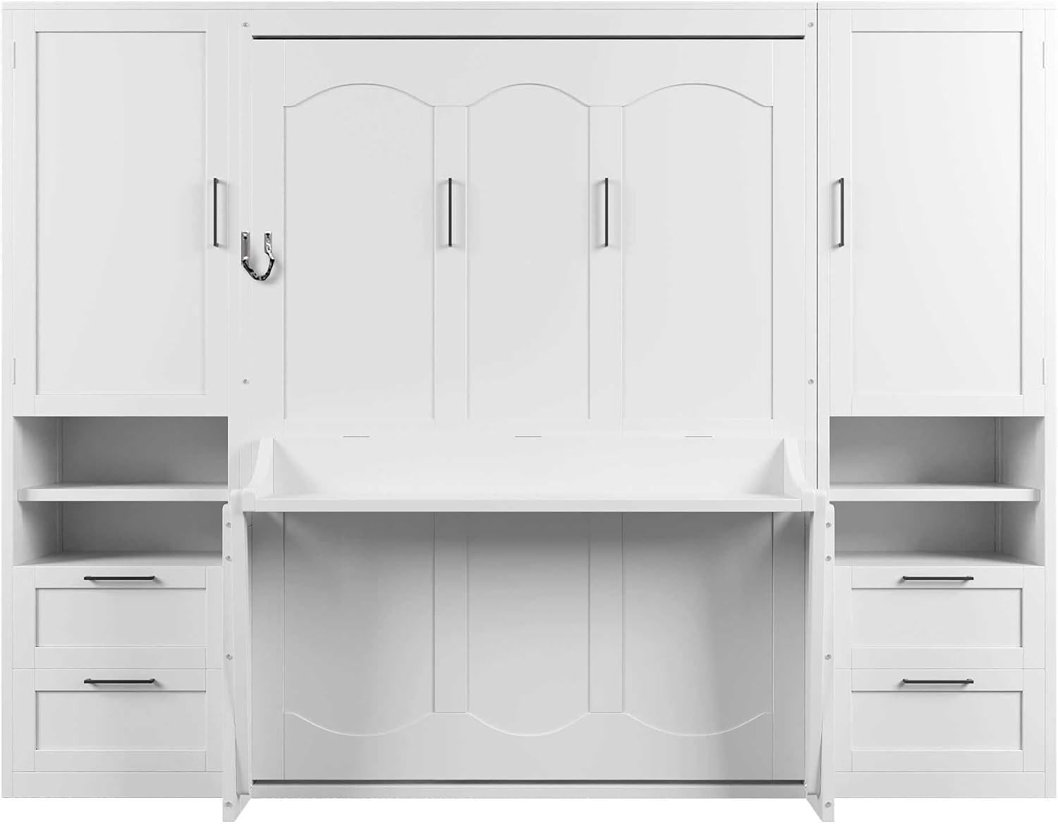 Merax Full Size Murphy Bed with Desk, Closet, Drawers and Shelves, Multifunctional Foldable Wood Platform Bed Frame for Small Spaces Studio Study Office Guest Room, Space-Saving Design, White