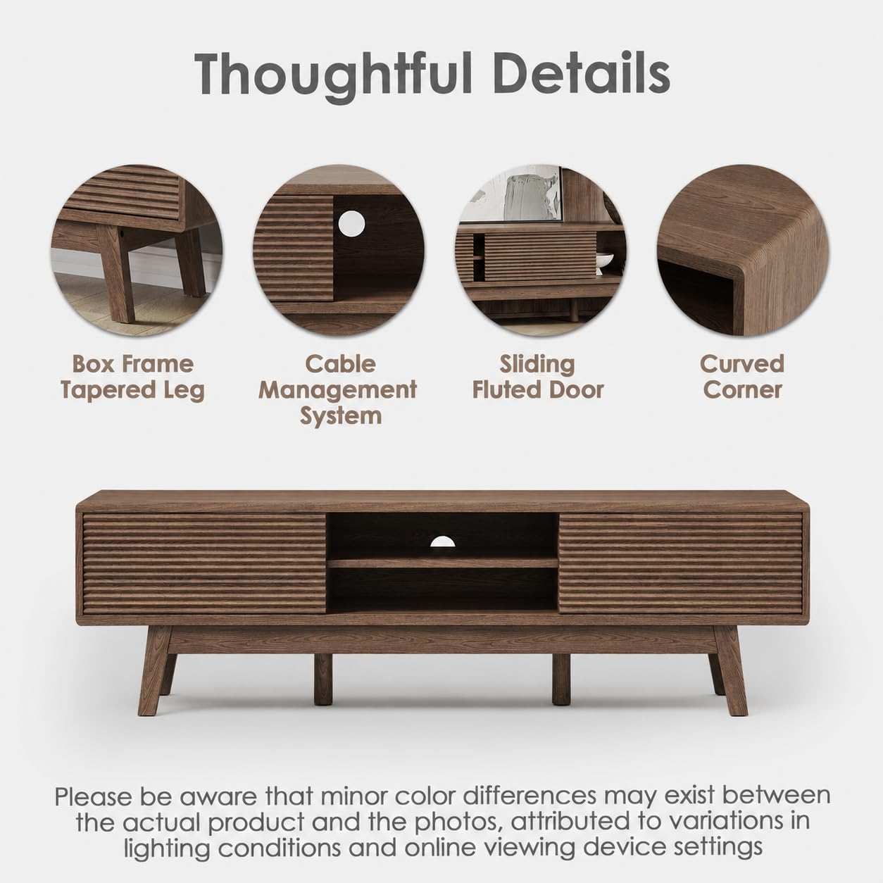 TOLEAD 59' TV Console, Mid Century Modern TV Stand for 55/60/65 Inch TV, Low Profile Media Console with Fluted Sliding Doors, Boho Wood Credenza for Living Room, Walnut