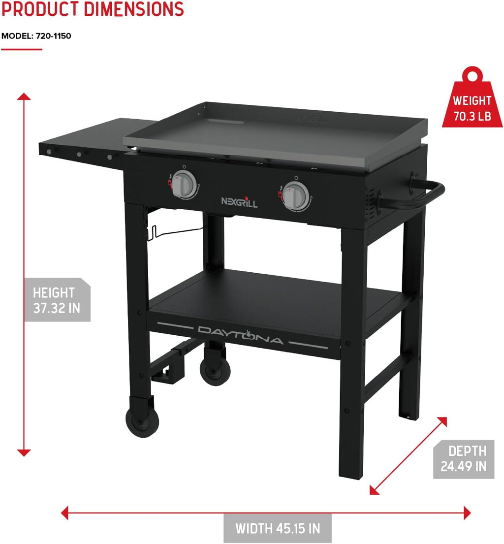 Nexgrill Daytona 2-Burner Propane Gas Grill, 28 inch Portable Flat Top Griddle for Outdoor Cooking, Camping & Tailgating, Rear Grease Management System, 34,000 BTU, 720-1150