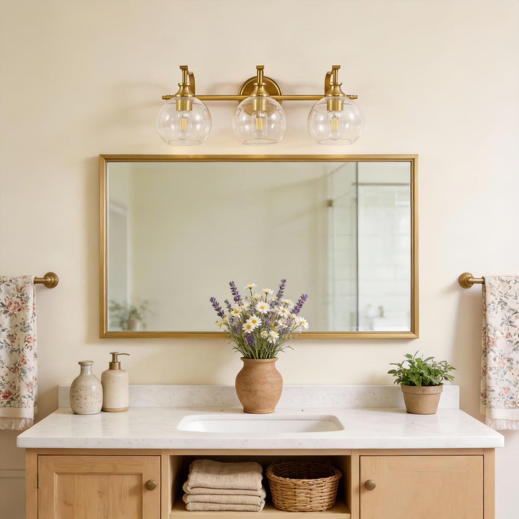 ANDY STAR Bruhsed Gold Bathroom Light Fixtures, Gold 3 Light Bathroom Vanity Lights, 3 Lights Wall Light with Globe Clear Lampshade, Vintage Brass Sconce with Metal Lamp Body for Bedroom, Living Room