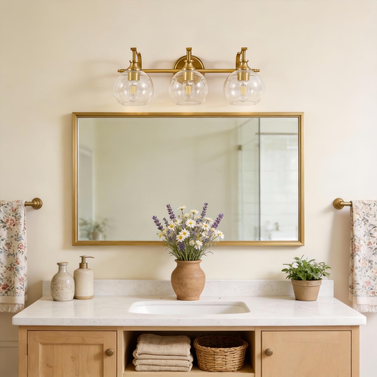 ANDY STAR Bruhsed Gold Bathroom Light Fixtures, Gold 3 Light Bathroom Vanity Lights, 3 Lights Wall Light with Globe Clear Lampshade, Vintage Brass Sconce with Metal Lamp Body for Bedroom, Living Room