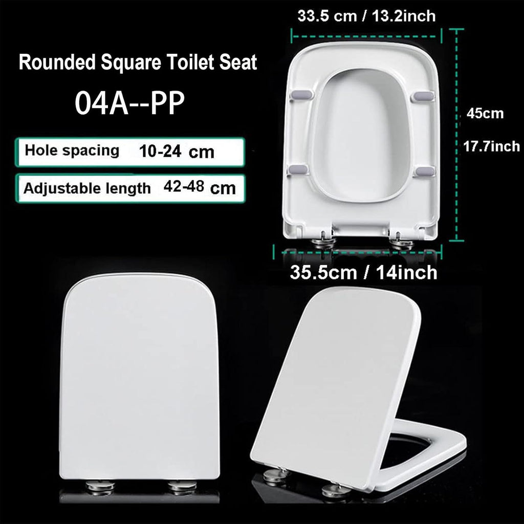 Toilet Seat White Toilet Seat 45X35.5Cm Rounded Square Toilet Seat with Quick-Release Stainless Steel Hinges for Easy to Install Also Easy to Clean, Soft Close Toilet Seat, Pp