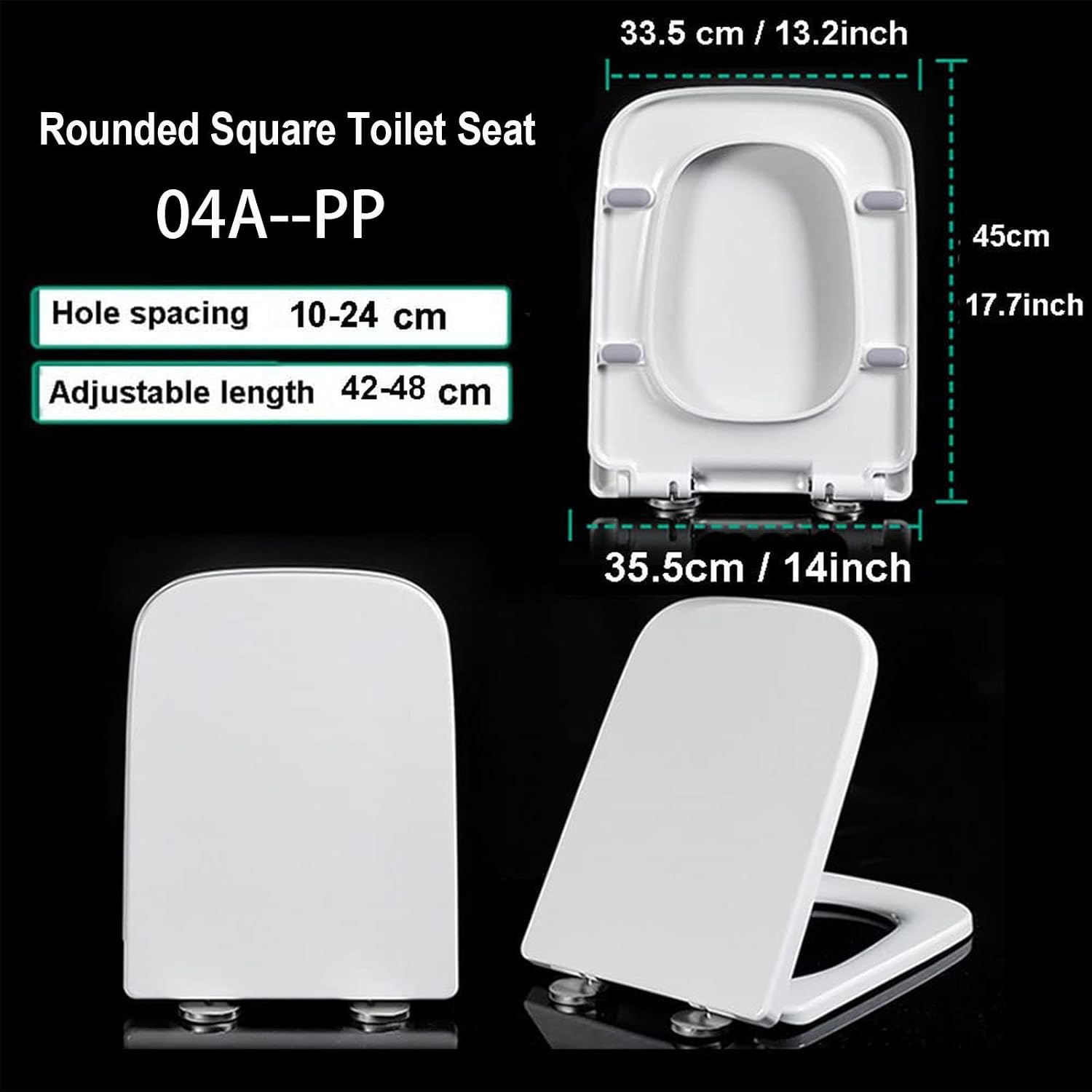 Toilet Seat White Toilet Seat 45X35.5Cm Rounded Square Toilet Seat with Quick-Release Stainless Steel Hinges for Easy to Install Also Easy to Clean, Soft Close Toilet Seat, Pp