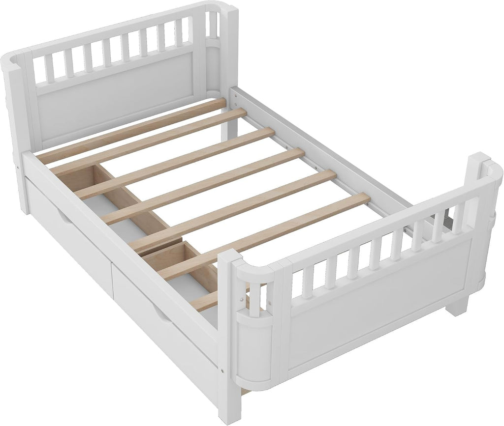 Twin Kids Bed with Storage Drawers & Rails, Wood Low Montessori Beds with Detachable Side Rails & Slats, Modern Daybed for Boys Girls Bedroom, Kids Twin Platform Bed, White