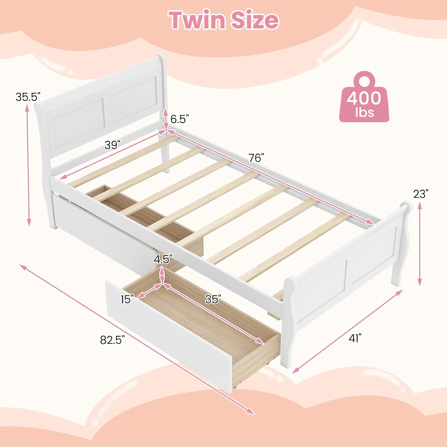 KOMFOTT Twin Bed with 2 Drawers, Twin Storage Bed with Headboard & Footboard, Sleigh Wood Bed Frame with Wooden Slats Support for Kids, Teens, Adults, No Box Spring Needed