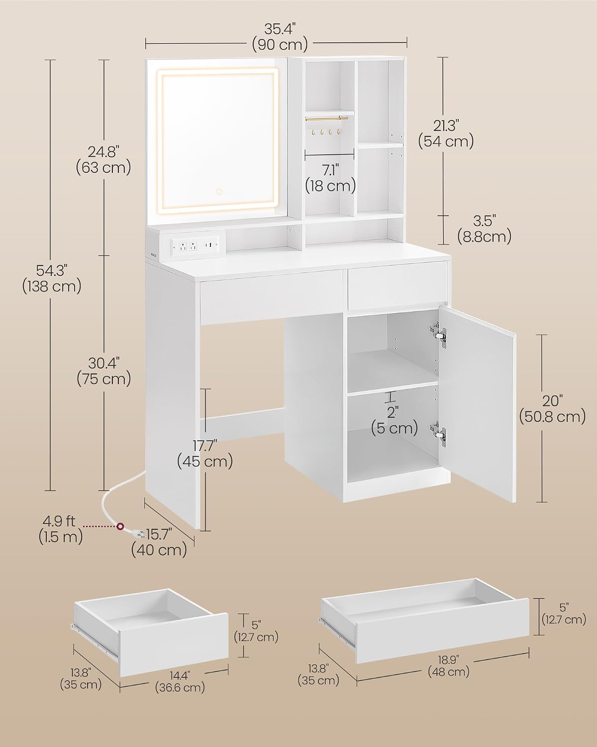 VASAGLE Kailyn Collection - 35.4-Inch Wide Vanity Desk with Mirror and Lights, Power Outlets, Vanity Table with Jewelry Storage, Adjustable Shelves, for Bedroom, Cloud White URDT132WB03S