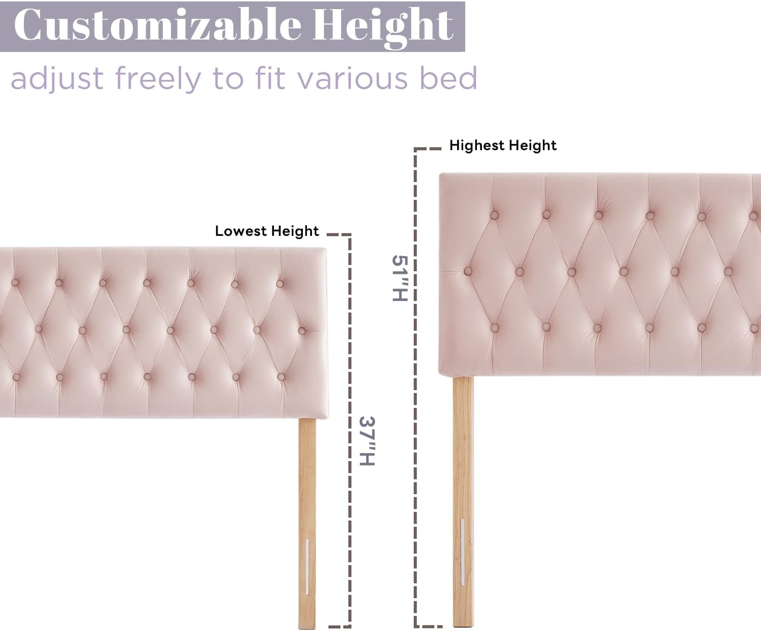 Kingfun Cal King Headboard only, Premium Velvet Upholstered Headboards in Modern Button Design, Tufted Bed Headboard, Adjustable Solid Wood Head Board (Pink)