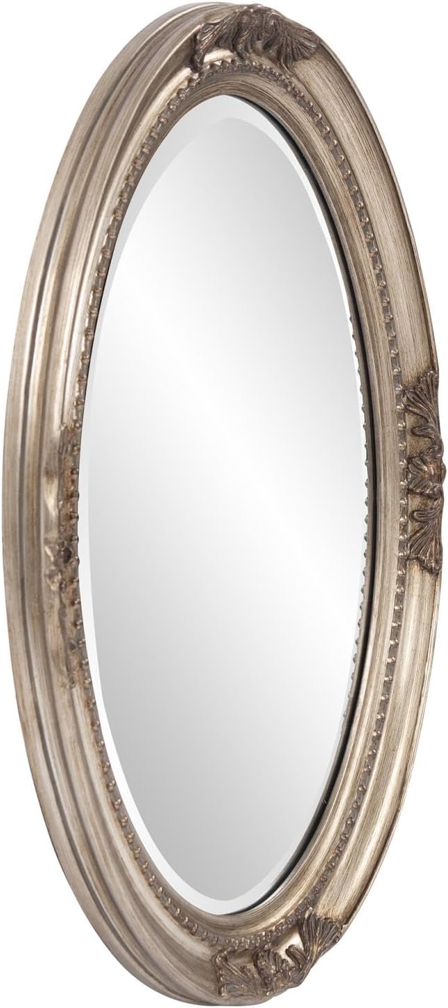 Howard Elliott Collection Queen Ann Oval Antique Silver Leaf Wall Mirror, Oval Bevelled Hanging Wood Framed Vanity Mirrors for Home Decor, Living Room, Bathroom, Bedroom, or Hallway, 25 x 33 Inch