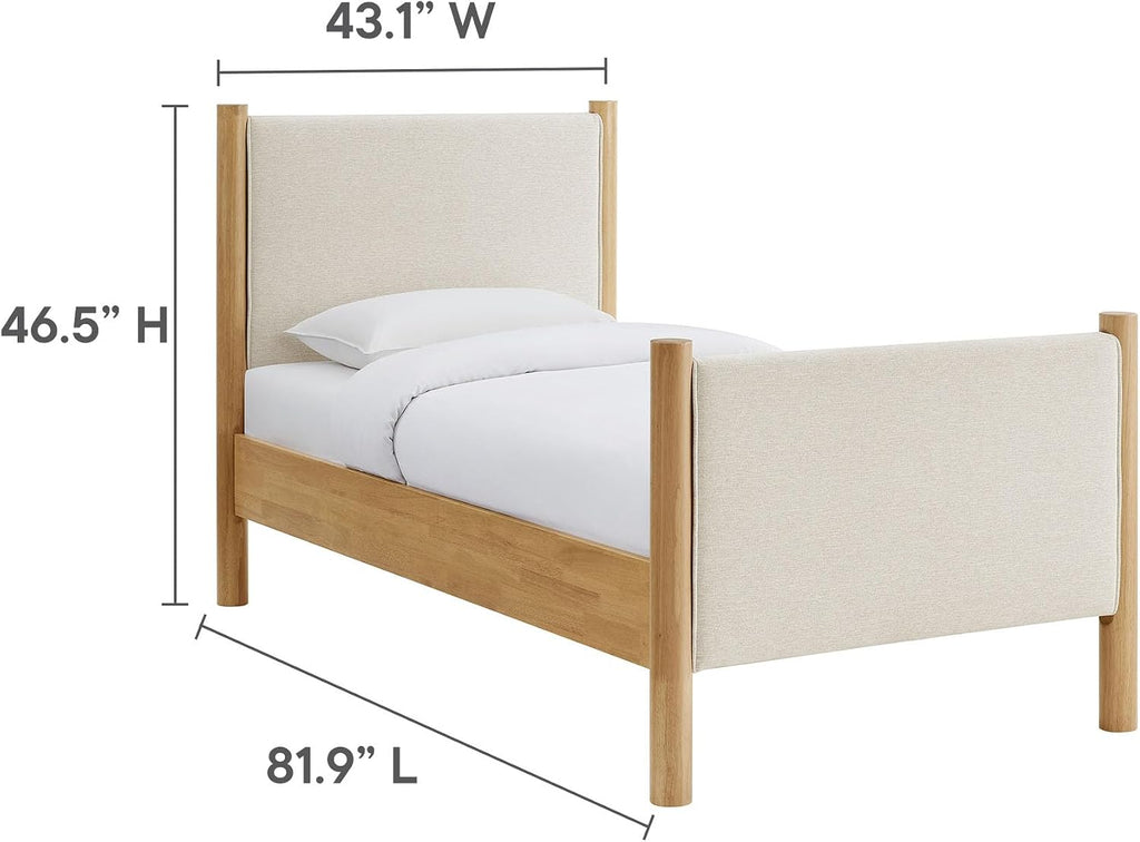 Modway Maven Twin Size Bed Frame in Ivory Oak with Upholstered Fabric Headboard and Footboard – Wood Twin Platform Bed Frame – No Box Spring Needed