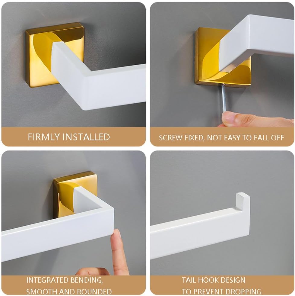 White Gold Bathroom Hardware Set Accessories Stainless Steel Towel Rack Toilet Paper Holder Hook Bathroom Shelf Organizer Set,5pcs Set B