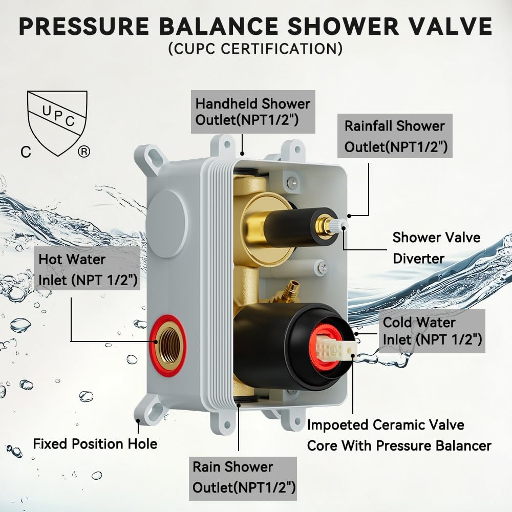 Shower Systems STARBATH 12+6' Round Dual Rainfall Shower Head with Handheld Spray for Two People, Wall Mounted 3 Way Rain Shower Faucet Sets Complete, Included Valve and Trim Kit, Matte Black