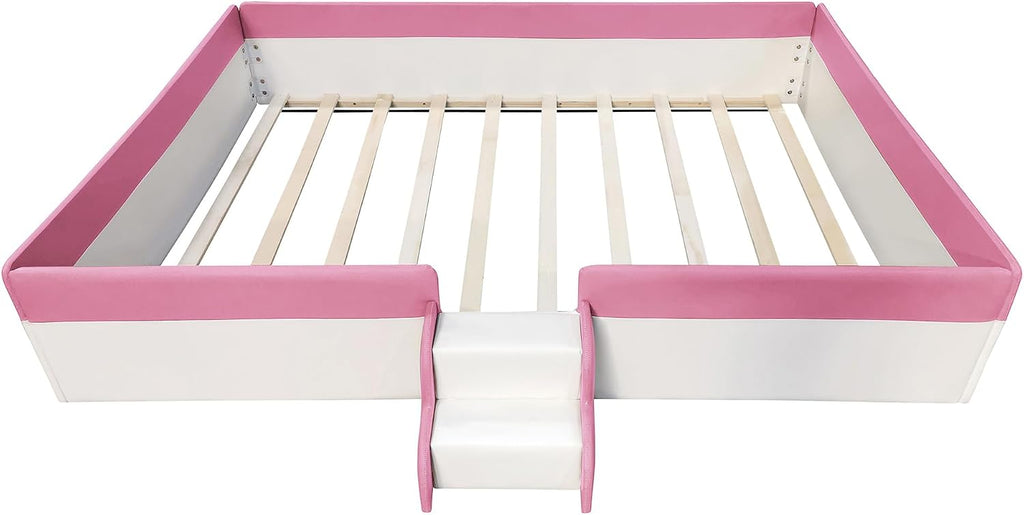 VilroCaz Queen Size Upholstered Daybed Frame with Fence and Stairs, Montessori Kids Floor Bed with Sturdy Slat Support for Kids Boys Girls