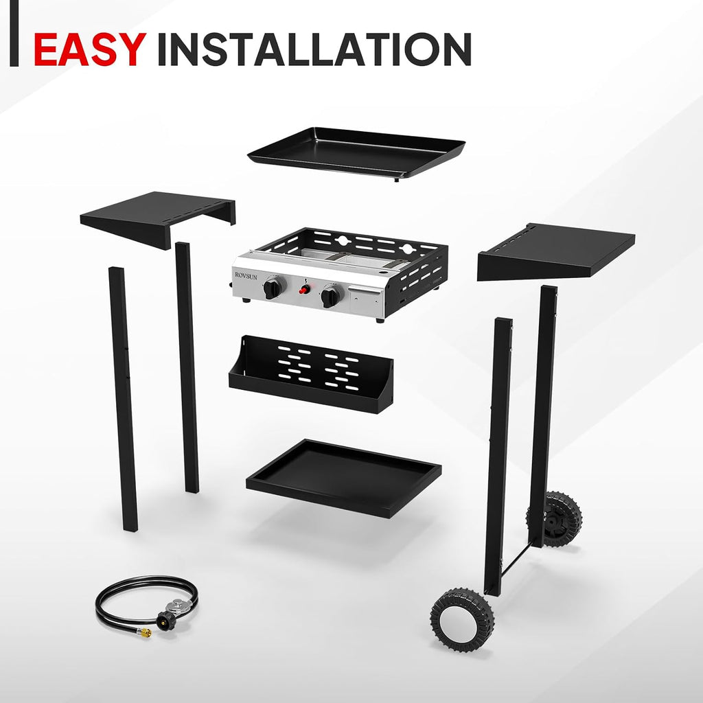 Bonnlo 2 Burner Portable Propane Griddle, 20,000BTU Gas Grill with Enameled Tray, Rolling Flat Top Grill with Electronic Ignition, Side Shelve & Regulator, Ideal for Outdoor Patio Cooking BBQ