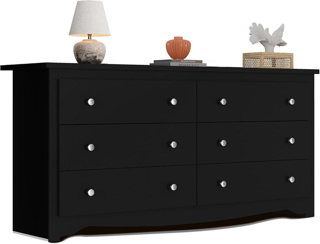 WLIVE Black Wooden Dresser for Bedroom, 6 Drawers Chest of Drawers, 59' Wide Modern Dresser Closet Storage Organizer for Living Room Hallway