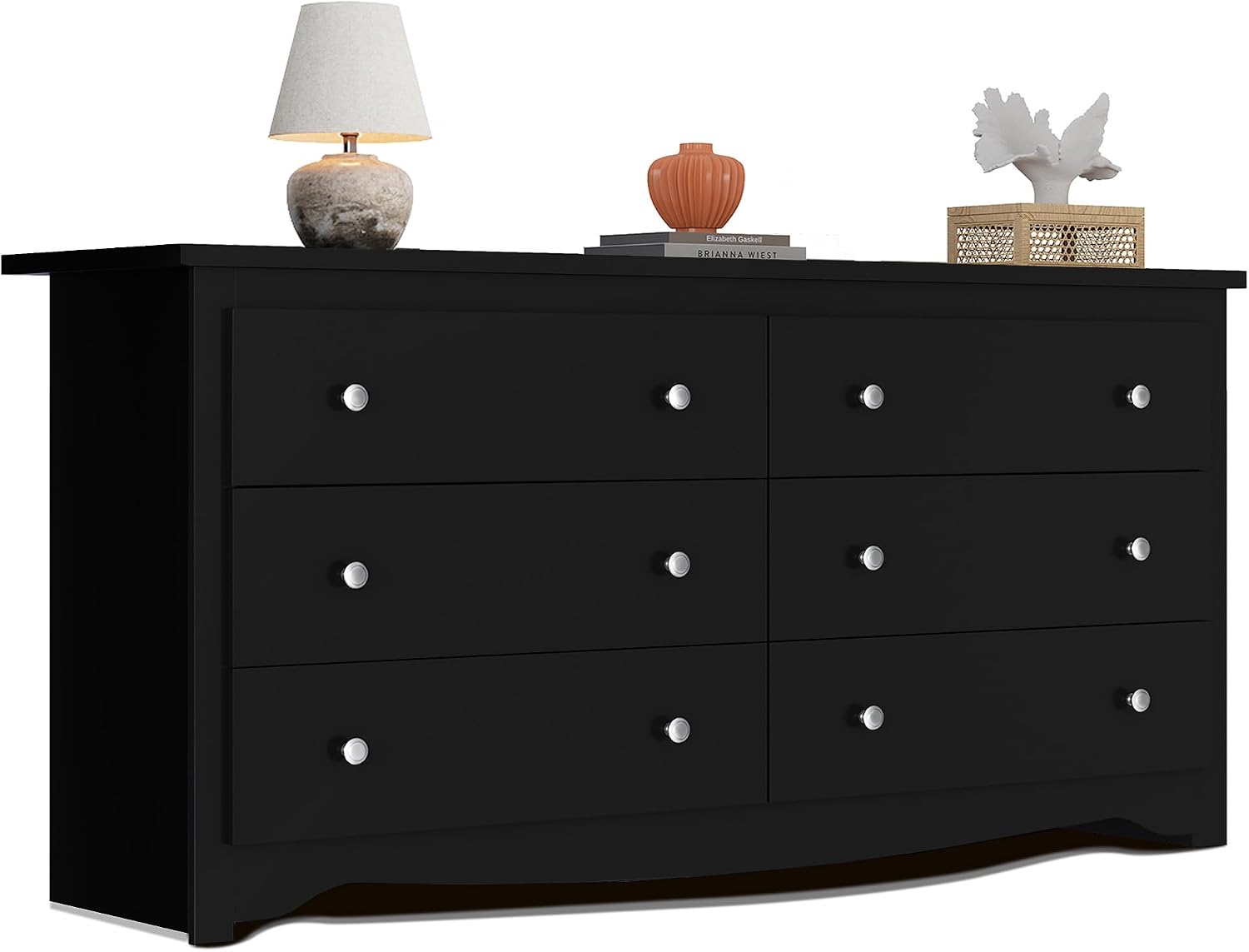 WLIVE Black Wooden Dresser for Bedroom, 6 Drawers Chest of Drawers, 59' Wide Modern Dresser Closet Storage Organizer for Living Room Hallway