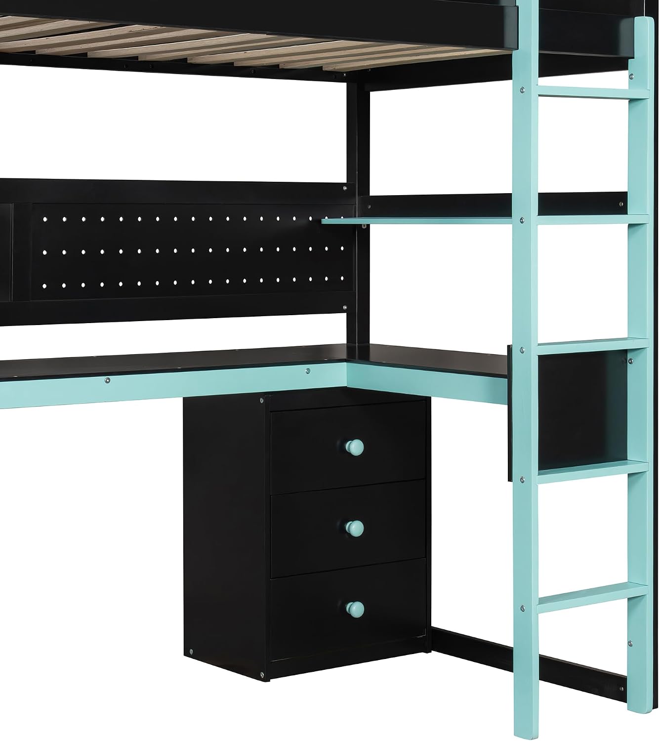 Ball & Cast Gaming Twin Size Loft Bed with Storage Stairs,Wood Gamer Loft Bed Frame W/Desk,Shelves and Pegboard,High Loft Bed W/Full-Length Guardrail,Bedroom Furniture for Student Dorms,Black+Blue