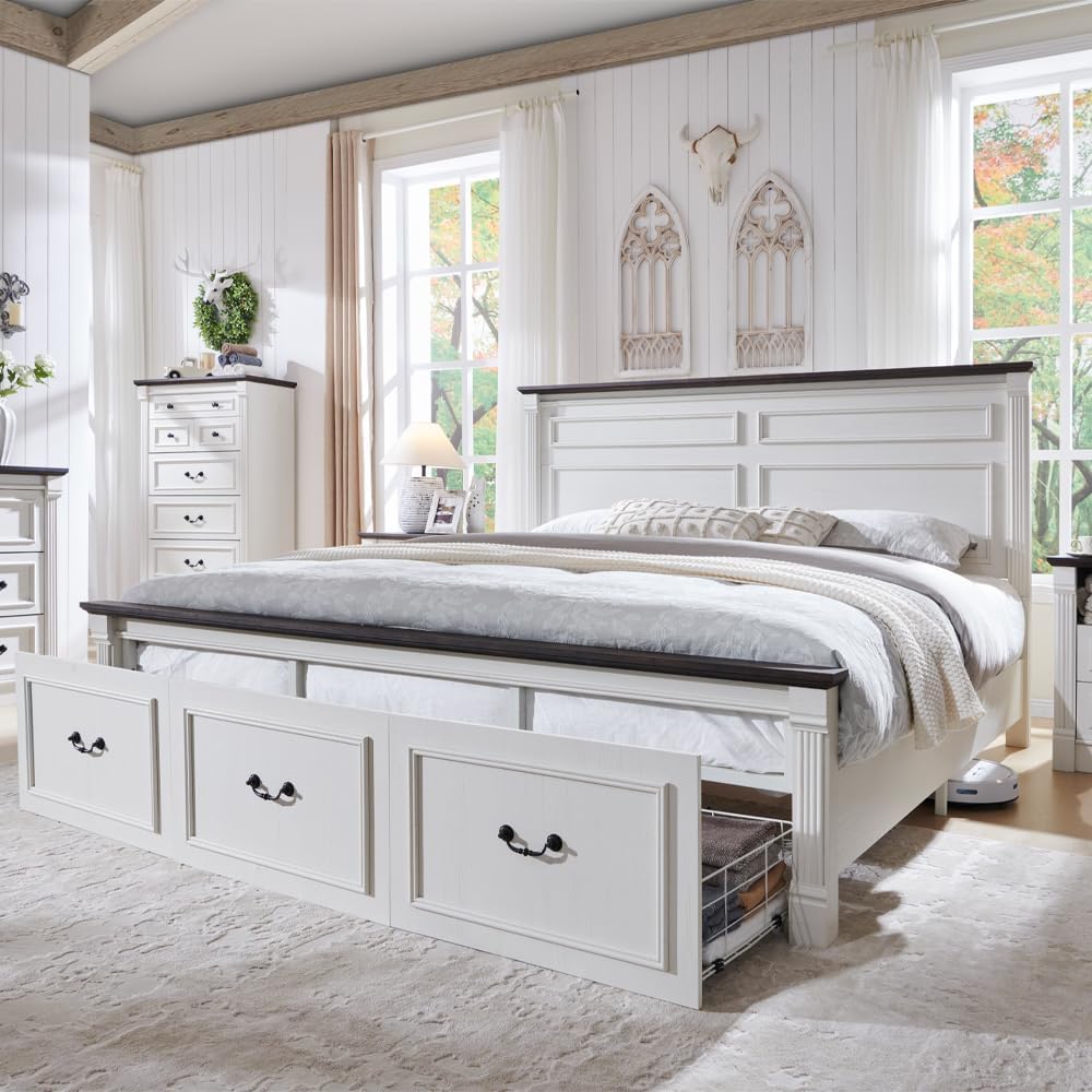Aitjunz Farmhouse King Size Bed Frame with 51' Tall Headboard, Wood Platform Bed Frame with 20' Tall Roman Column Decoration Footboard & 3 Large Storage Drawers, No Box Spring Needed (White)