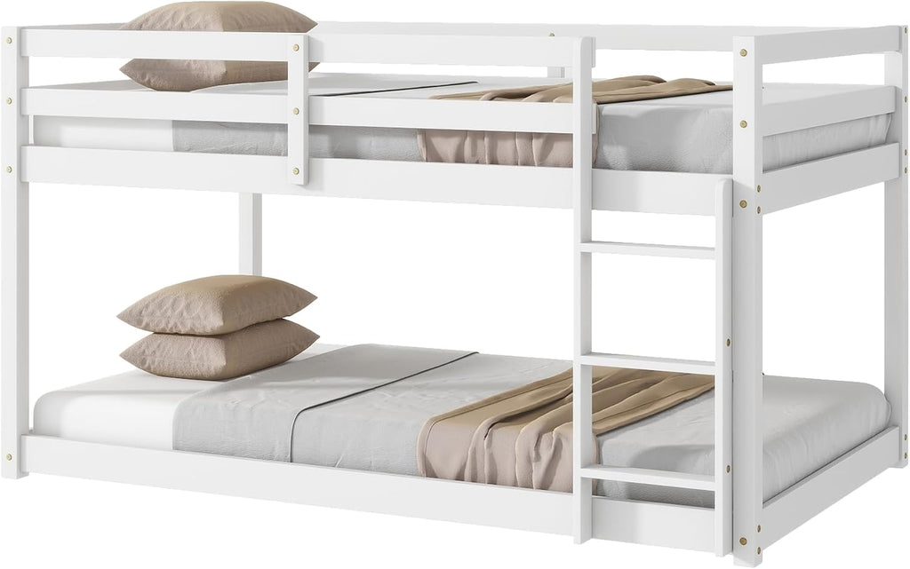 Low Bunk Bed Twin Over Twin, Solid Wood Floor Bunk Bed Frame with Ladder & Safety Guardrails, Twin Bunk Beds for Kids Boys and Girls, Saving Space, No Box Spring Needed, White