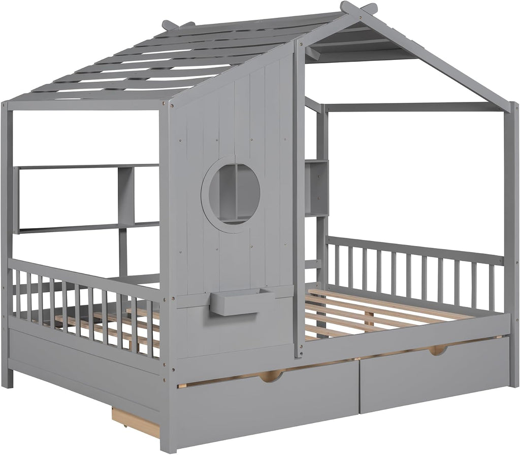 VilroCaz Full Size House Bed with 2 Drawers and Storage Shelf, Playhouse Design Solid Wood Kids Platform Bed Frame for Girls Boys, Decorable Daybed with Sturdy Slats Support, Space-Saving (AF-Gray)