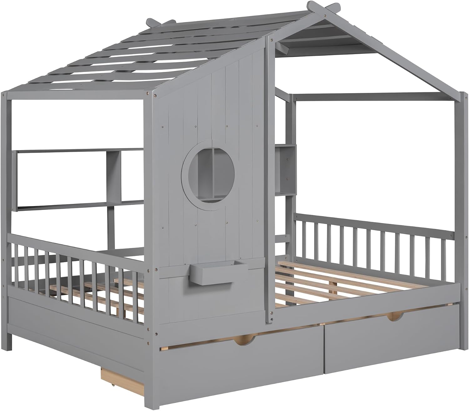 VilroCaz Full Size House Bed with 2 Drawers and Storage Shelf, Playhouse Design Solid Wood Kids Platform Bed Frame for Girls Boys, Decorable Daybed with Sturdy Slats Support, Space-Saving (AF-Gray)