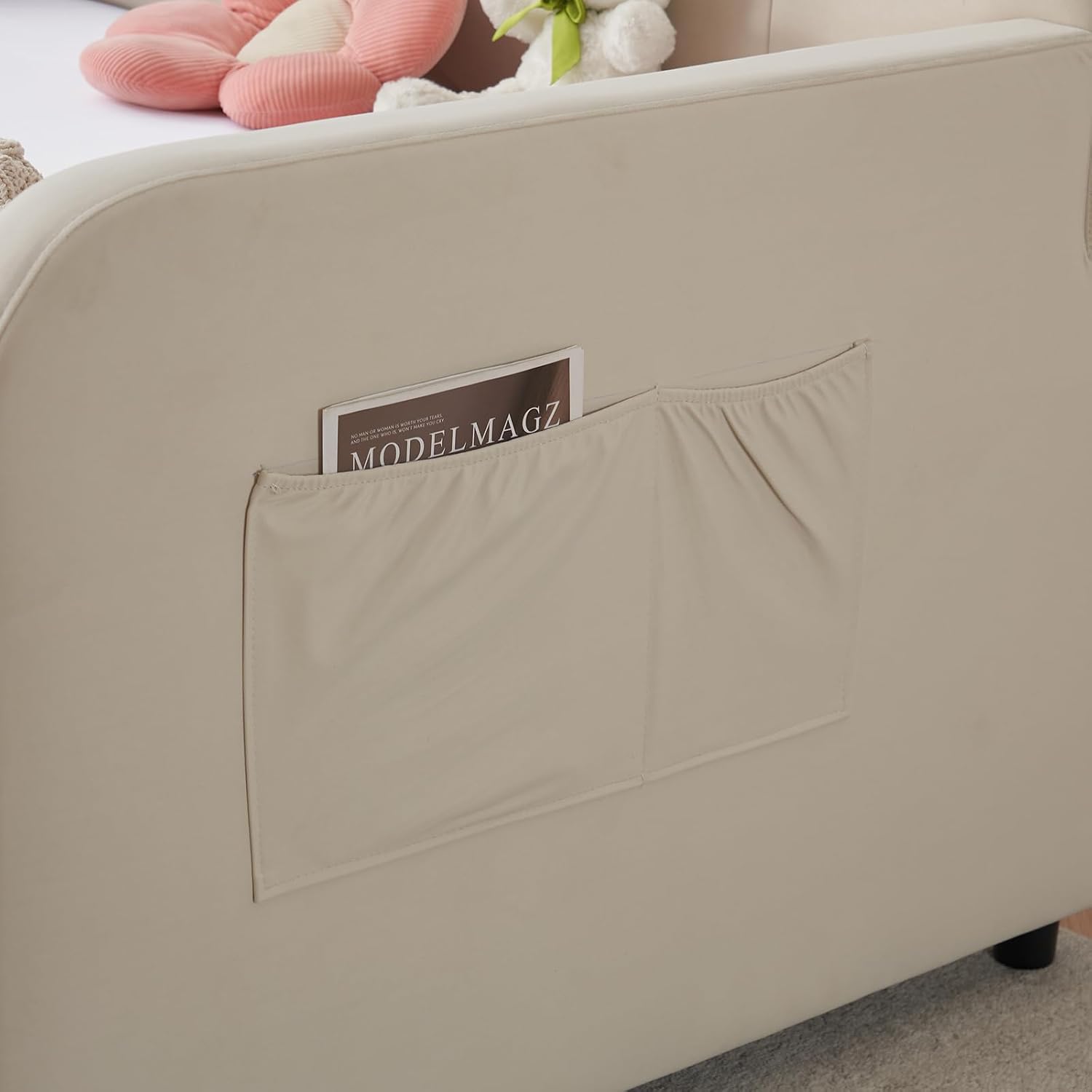 Deolme Twin to King Daybed with Trundle, USB Ports, Velvet Upholstered Daybed with Pop Up Trundle Bed, Modern Extendable Day Bed Frame for Kid Adult Bedroom Living Room Guest Room Small Places Beige