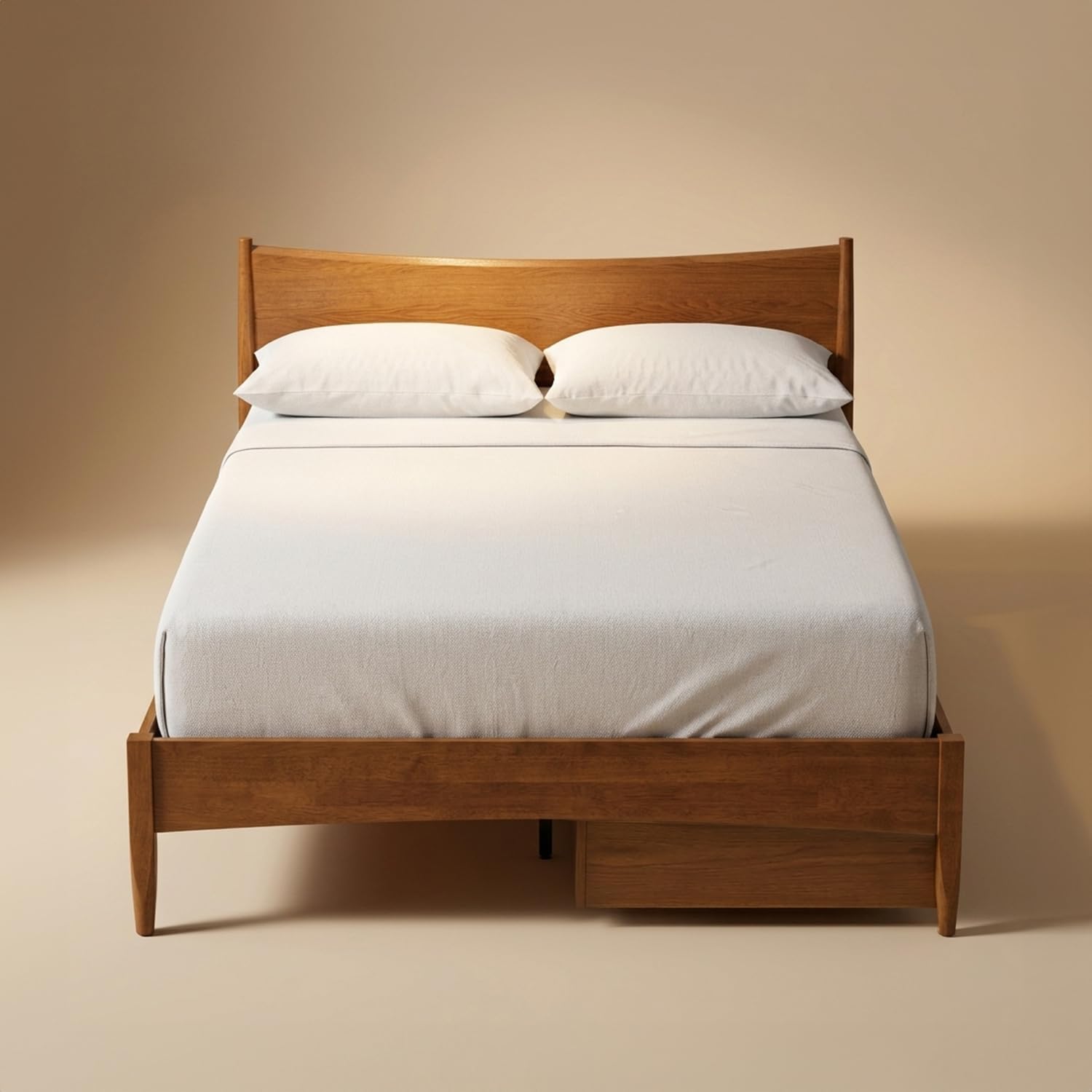 mopio Retrovie Mid-Century Modern Queen Bed Frame – Solid Wood Legs, LVL Slat System, No Box Spring Needed, Supports 661 lbs, Easy Assembly (Walnut, 2 Drawers)