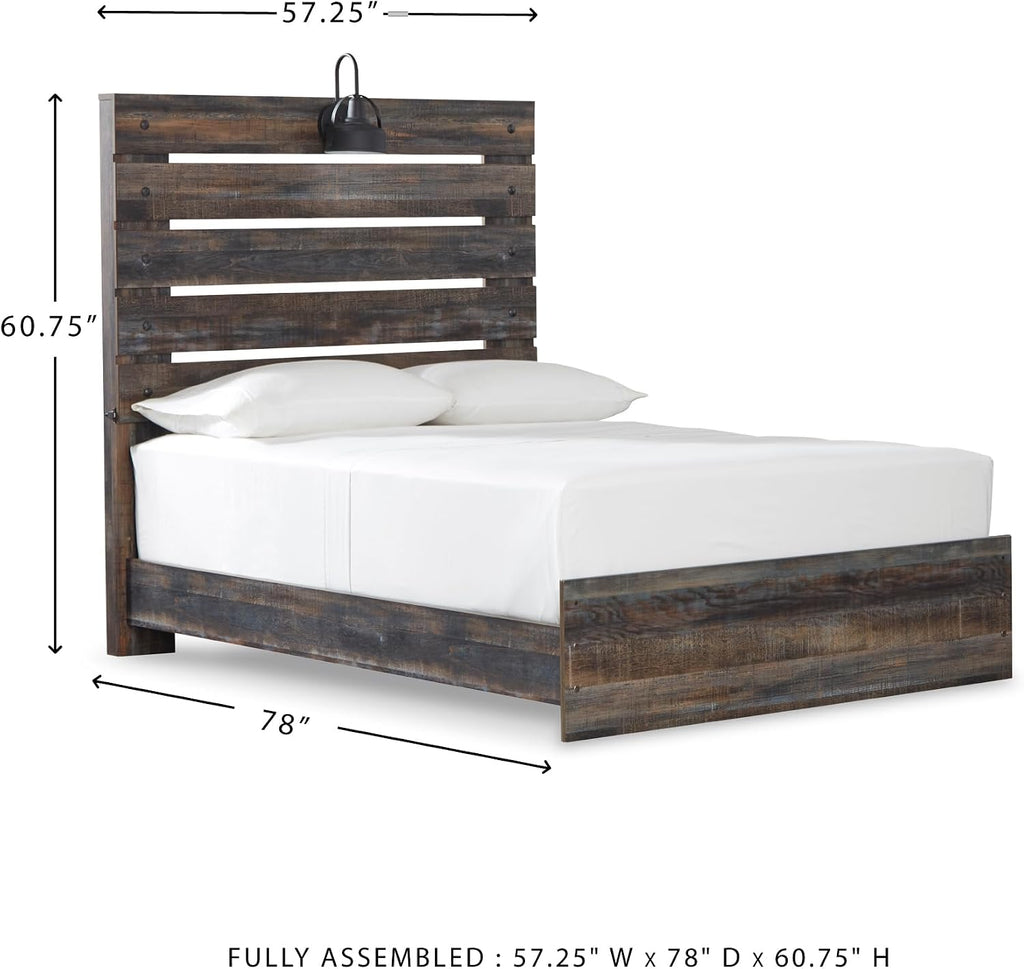 Signature Design by Ashley Drystan Rustic Full Panel Bed, Sconce LED Lights, USB Ports and Nailheads, Foundation or Box Spring Needed, Dark Brown & Gray