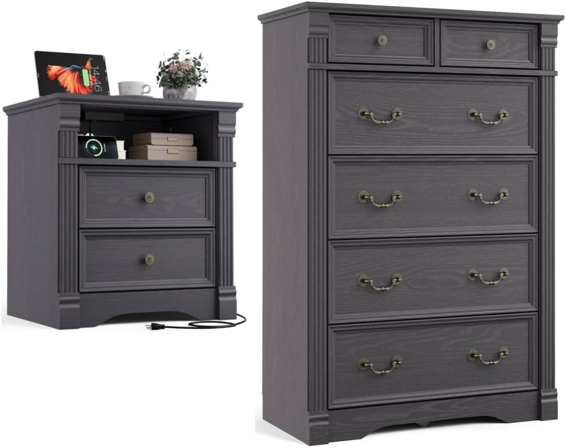 Bedroom Sets 2 Pieces, Farmhouse 6 Drawer Dresser and Nightstand Sets, Wood Bedroom Furniture Set for Home, Bedroom, Living Room, Hallway, Grey