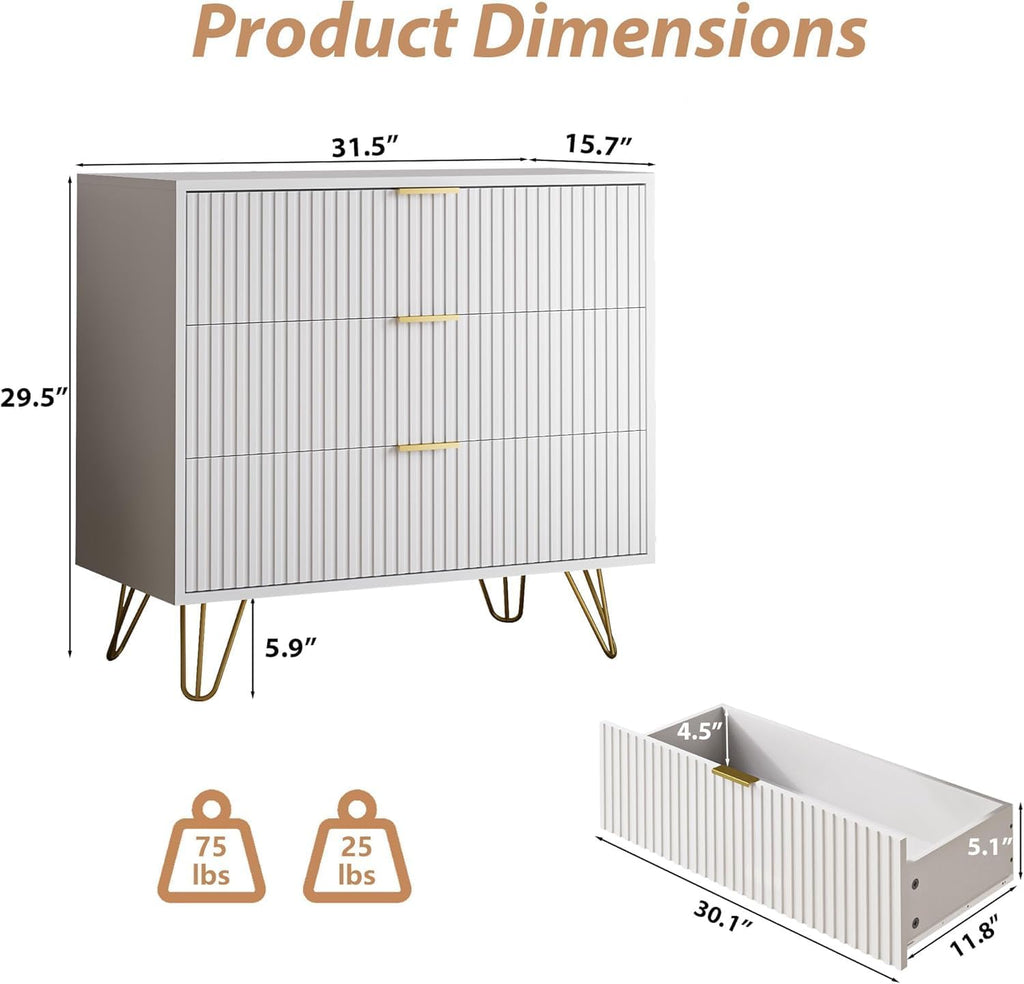 MAISONARIA 3-Piece Dresser Bedroom Set, 6 Drawer Dresser & 3 Drawer Dresser with Gold Handles, Fluted Wood Chest of Drawers for Bedroom, Living Room, Entryway, White