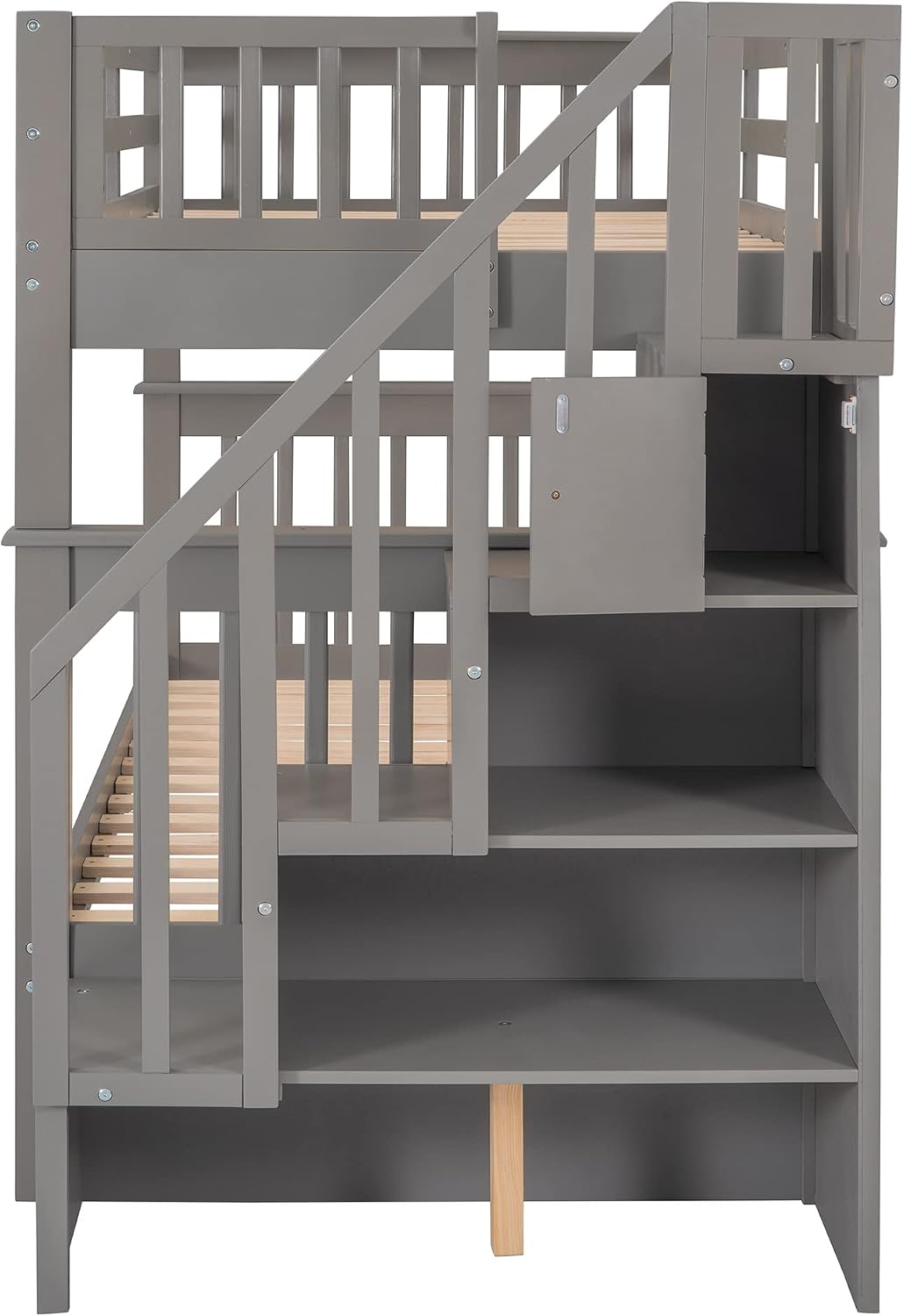 Wooden Twin Size Bunk Bed with Trundle & Storage Staircase & Shelves,Twin over Twin Bunk Bed Frame with Safety Guardrails,Headboard and Footboard for Kids Teens Adults,No Box Spring Needed,Grey