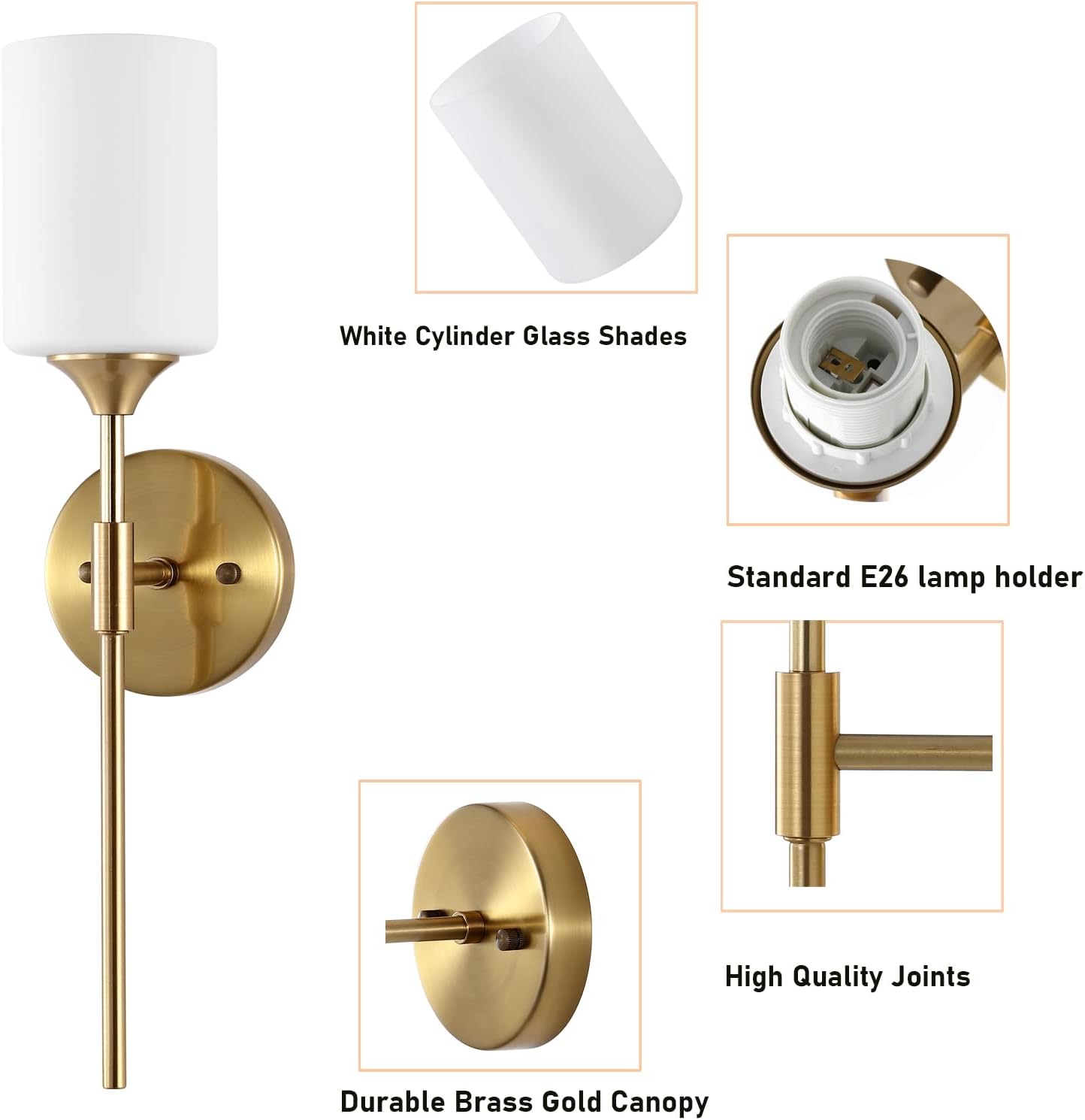 BYOLIIMA Gold Wall Sconce Set of 2 with White Cylinder Glass Shades Modern Mid Century Bathroom Vanity Wall Light Fixtures Industrial Brushed Brass Wall Lamp for Bedroom Mirror Living Room Restaurant