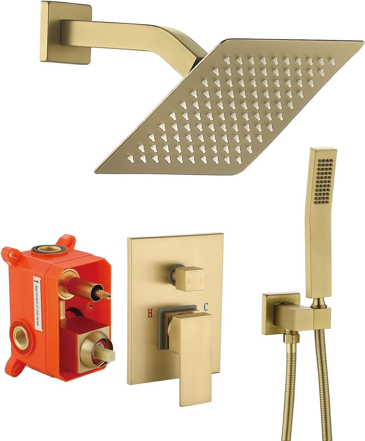 JOYWELL Shower Faucet Brushed Gold Shower System 8 Inches Rain Shower and Handheld Shower Combo,2-Function Pressure Balance Shower Fixtures,Included Shower Trim Kit
