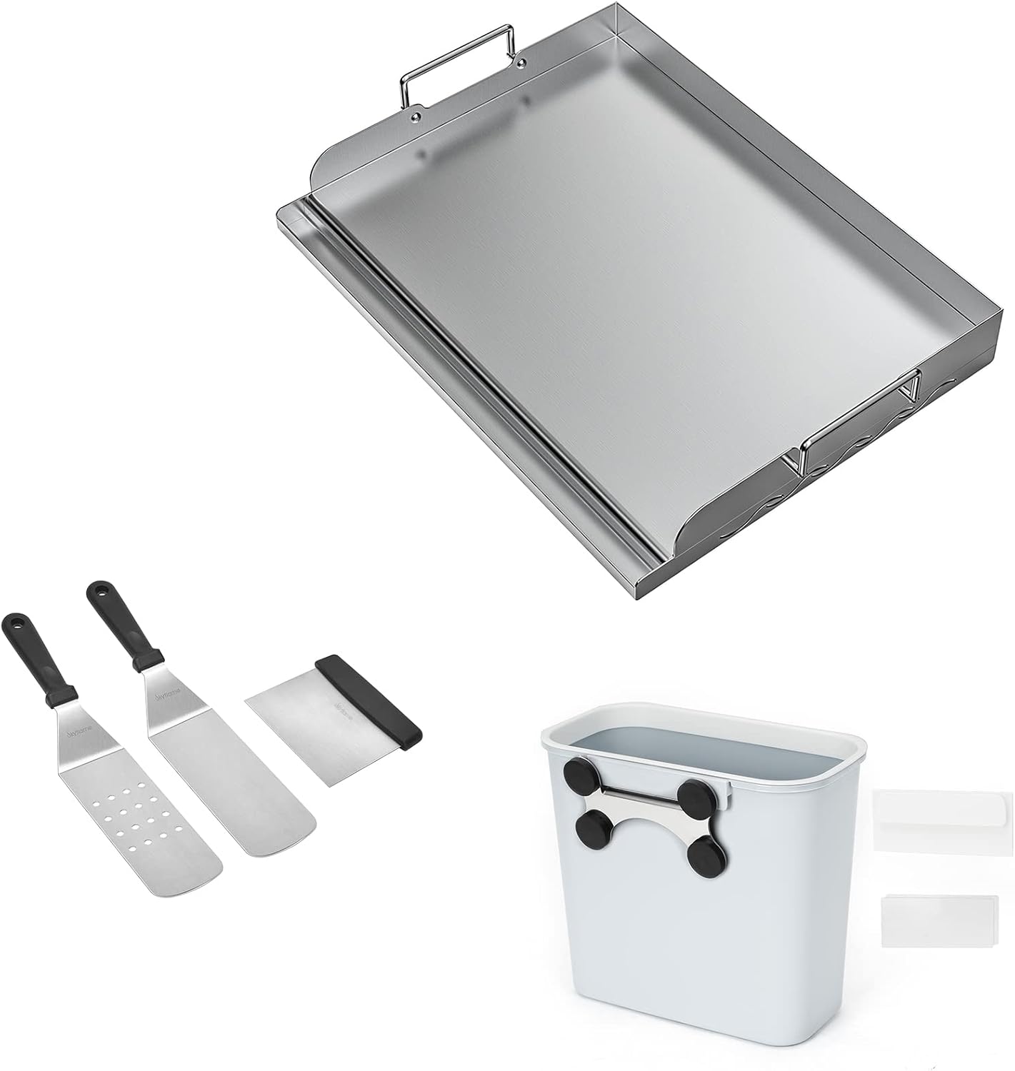 Skyflame Universal Stainless Steel Griddle Flat Top Plate, 3 Piece Griddle Accessories Kit and Magnetic Hanging Trash Can for Cooking Grill