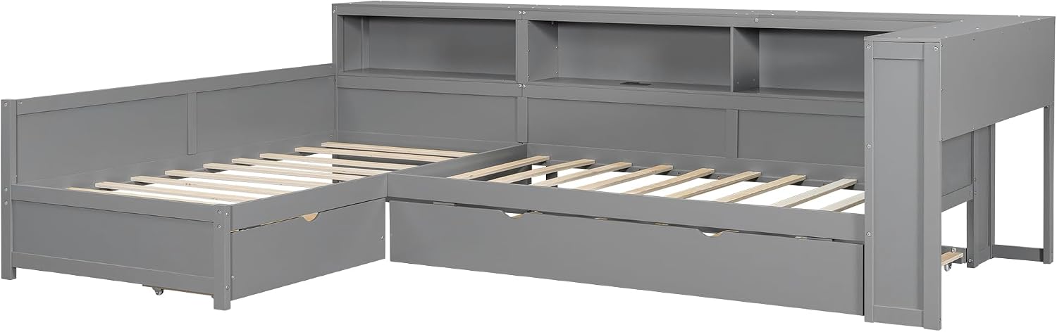 Ball & Cast Twin Size L-Shaped Platform Bed with Trundle and a Drawer,Wood Daybed Frame w/Charging Station & Slat Support,Space-Saving Bedroom Furniture for Dorm,Apartment,Grey