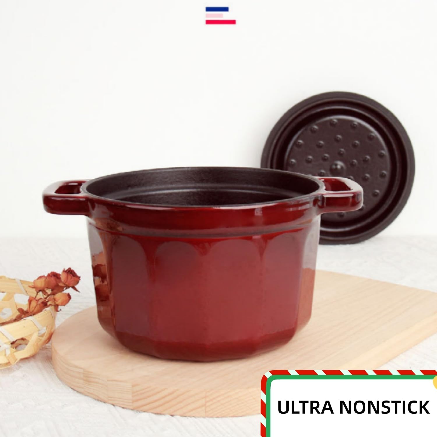 2QT Cast Iron Dutch Oven, Enamel Coated Cookware Pot with Star Knob for Home Baking, Braiser, Cooking, Red (2 Quart)