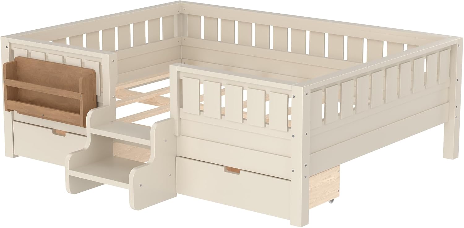 Bellemave Full Size Bed with Slats and Stairs, Full Size Platform Bed Frame with Fence, Bookshelf and Storage Drawers, Easy Assemble Beds for Kids, Girls, Boys, Beige