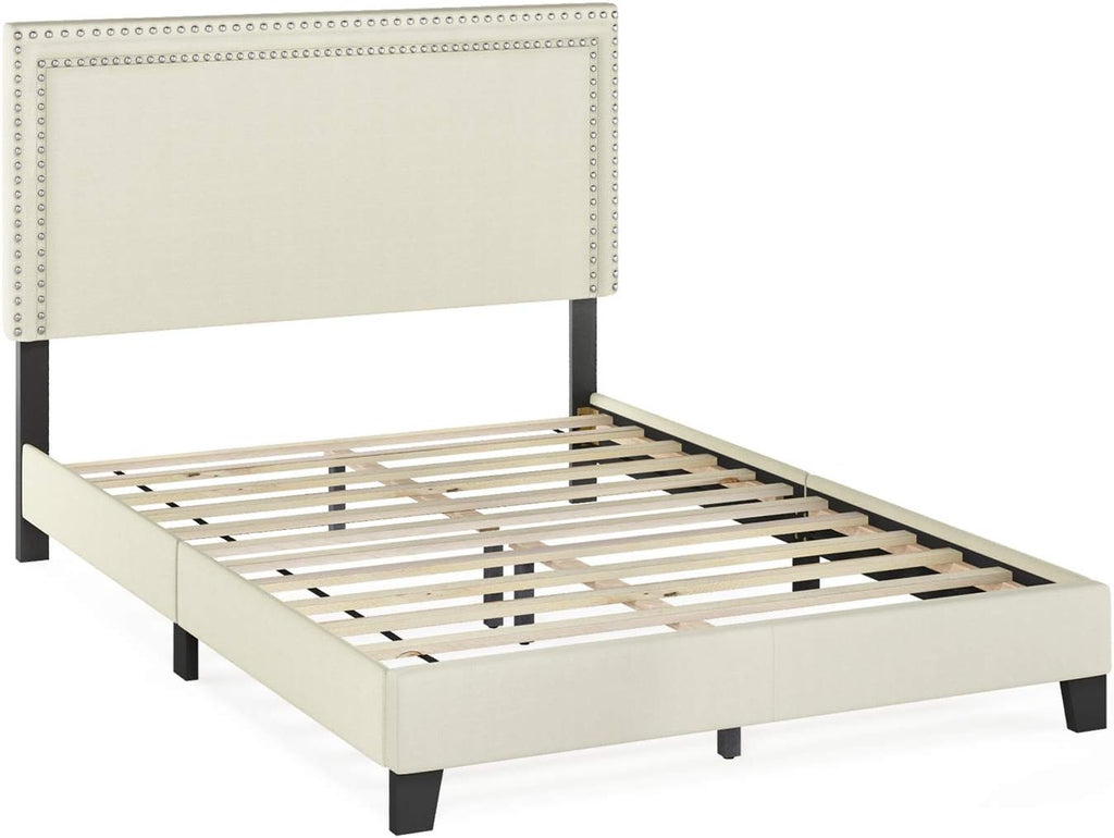 Furinno Laval Double Row Nail Head Upholstered Platform Bed Frame, Full, Linen