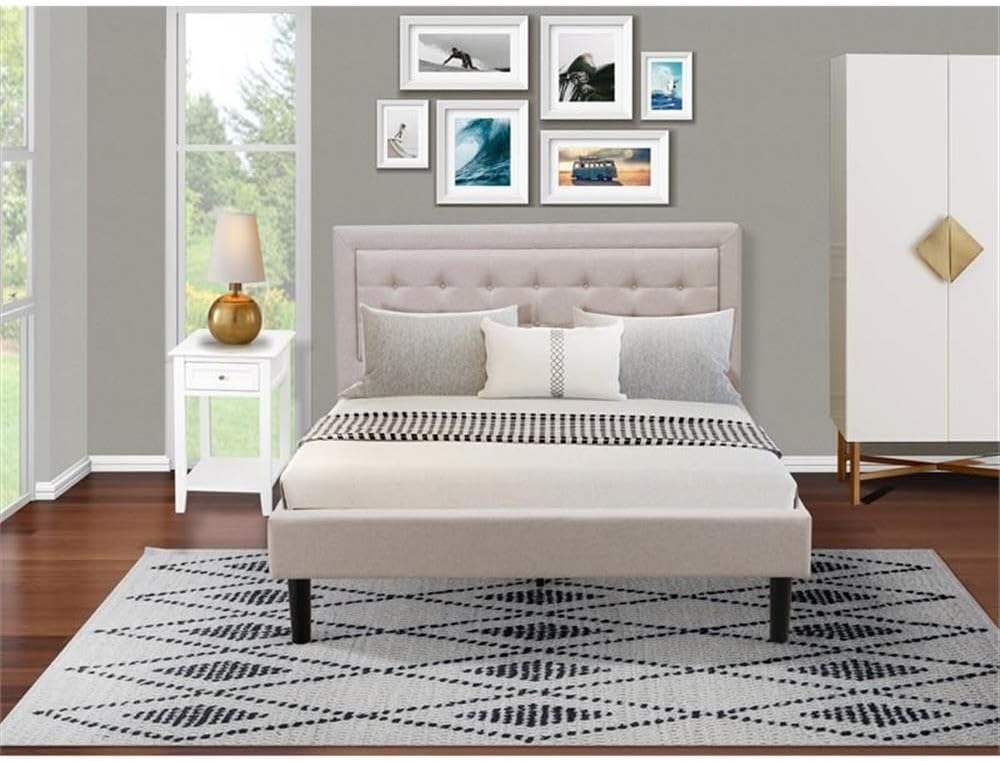 East West Furniture FN08Q-1DE05 2-Piece Fannin Queen Bed Set Furniture with 1 Modern Bed and a Bedroom Nightstand - Reliable and Sturdy Manufacturing - Mist Beige Linen Fabric