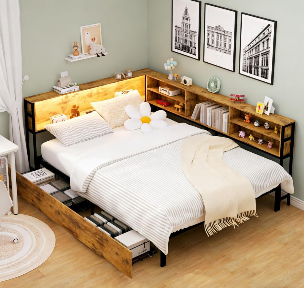 Bellemave Full Corner Bed Frame with Storage, Full Captains Bed with Charging Station, LED Light, Wood Daybeds with L-Shaped Bookcase and 2 Drawers, Brown