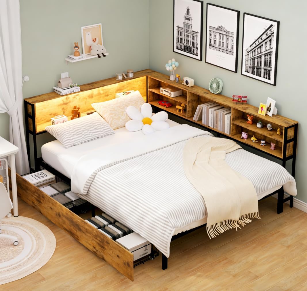 Bellemave Full Corner Bed Frame with Storage, Full Captains Bed with Charging Station, LED Light, Wood Daybeds with L-Shaped Bookcase and 2 Drawers, Brown