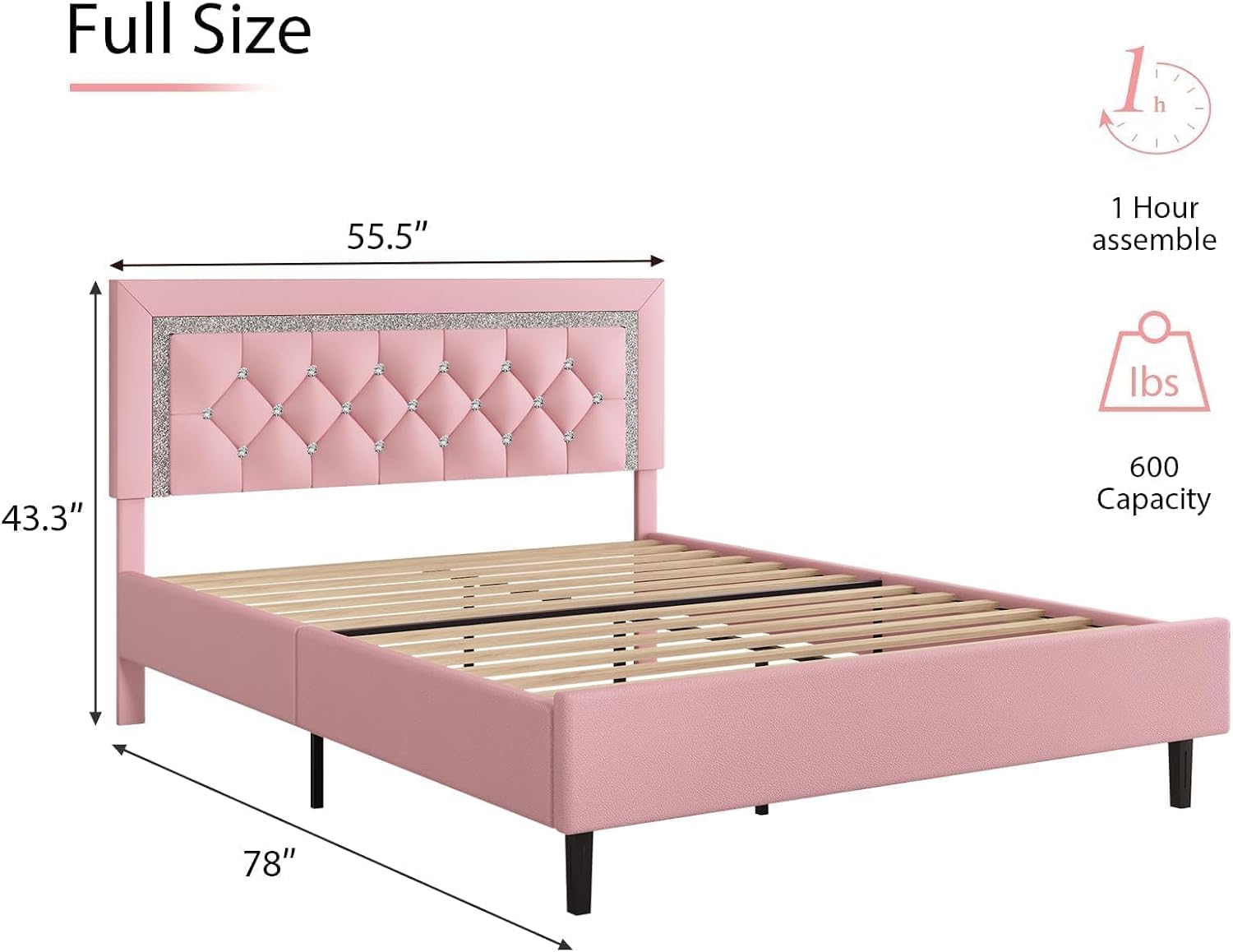 BarnFurin Full Size Bed Frame with Tufted Button Headboard, Upholstered Platform Bed Frame with Diamond Design, Wood Slat Support, No Box Spring Needed, Easy Assembly, Pink