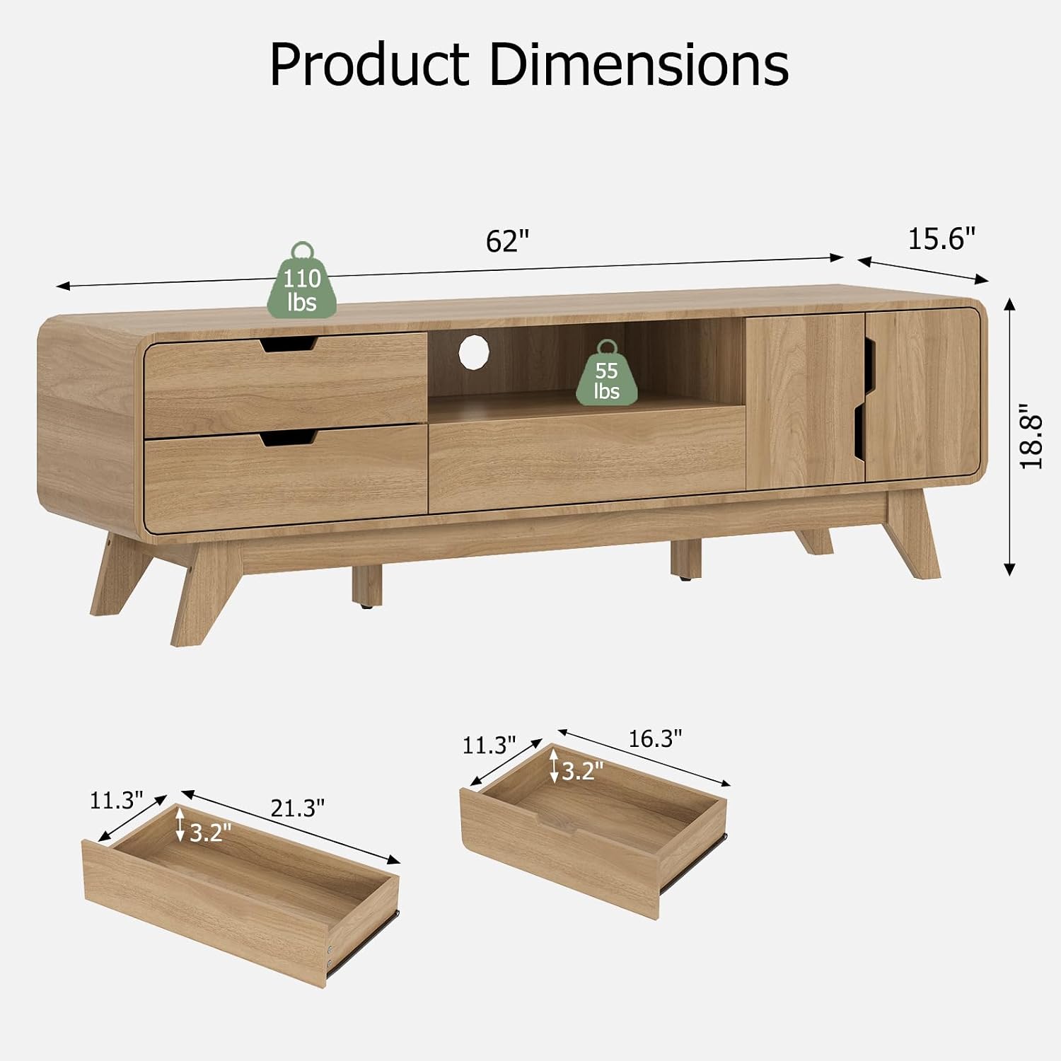 EAG Mid Century Modern TV Stand for 65 Inch TV, Entertainment Center with with Storage Cabinet & 3 Drawers, TV and Media Console for Living Room, Bedroom, Natural