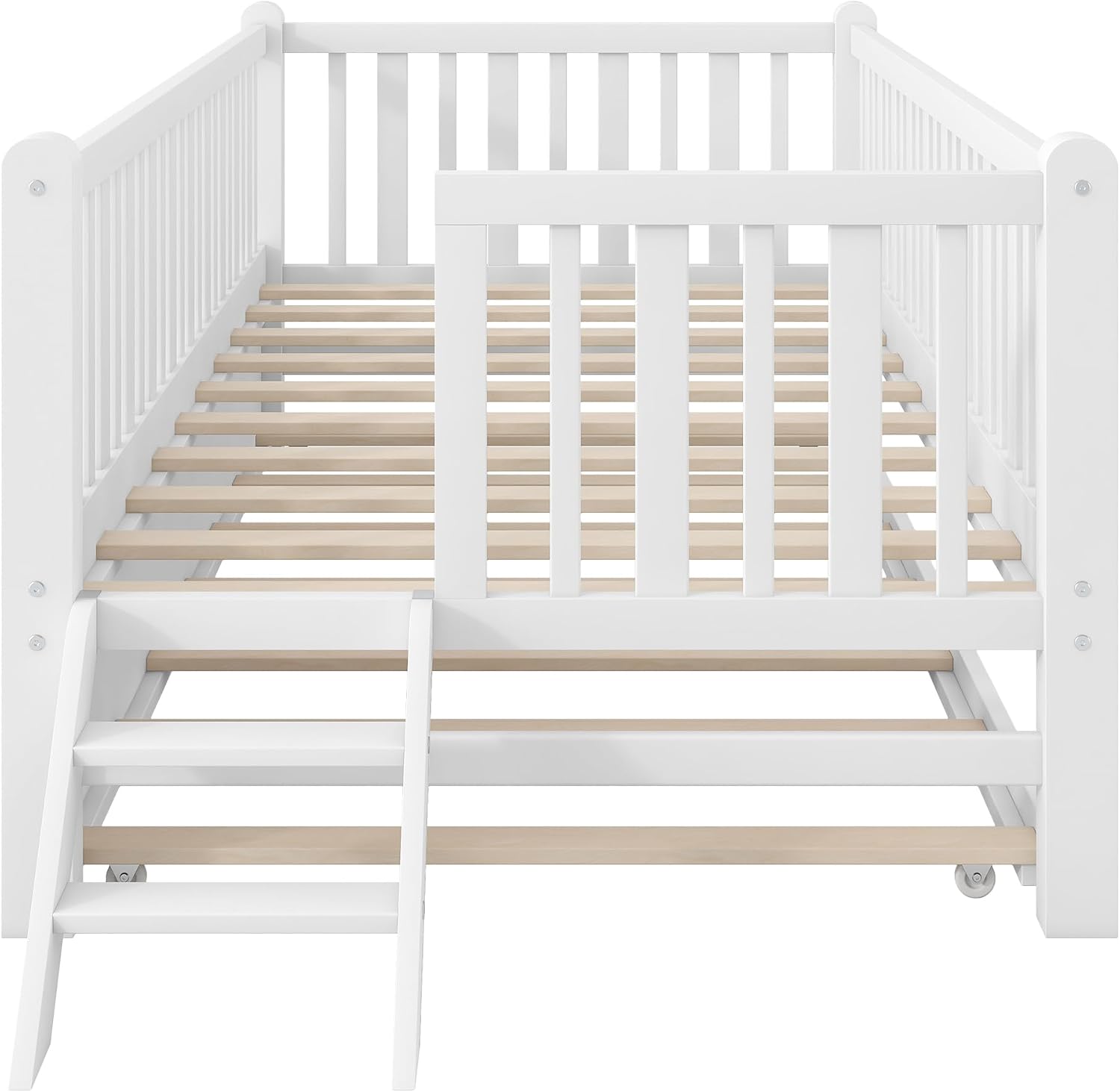 VilroCaz Twin Size Platform Bed with Guardrail and Trundle, Wood Kids Platform Bed Frame with Two-Step Ladder for Boys Girls, Sturdy Slats Support (White-1.26T)